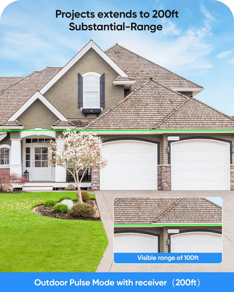 Image of a house showing the 200ft range of the Self Leveling Pro Grade 360 Green Laser Level with 4000mAh Battery.