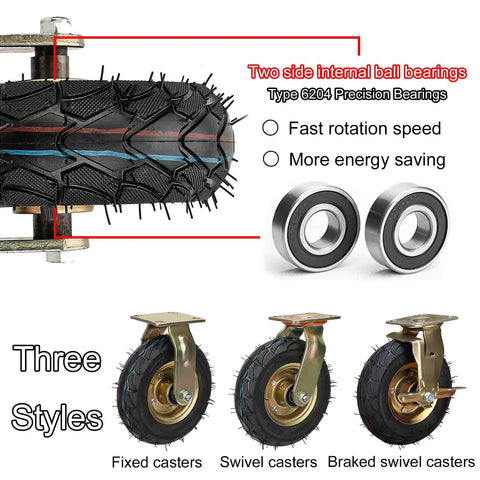 Two Pack Eight Or Ten Inch Heavy Duty Swivel Caster Wheels Featuring Pneumatic Rubber Tires And Precision Ball Bearings for smooth roll.