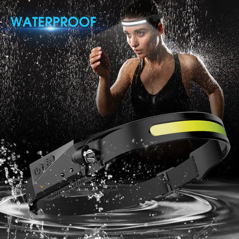 Rechargeable Waterproof Headlamp Set With 230 Degree Wide Beam, Dual LED Flashlight, shows waterproof feature in action