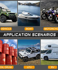 Application scenarios for Portable 12V DC Fuel Transfer Pump with 75W motor for cars, boats, motorcycles, oil drums, UTVs, RVs.