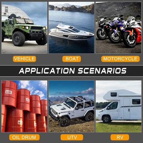 Application scenarios for Portable 12V DC Fuel Transfer Pump with 75W motor for cars, boats, motorcycles, oil drums, UTVs, RVs.