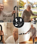 Rock Solid 16 Inch Wall Mount Handrail Matte Black Steel Pipe Grab Bar in use by seniors in bathroom and entrance.