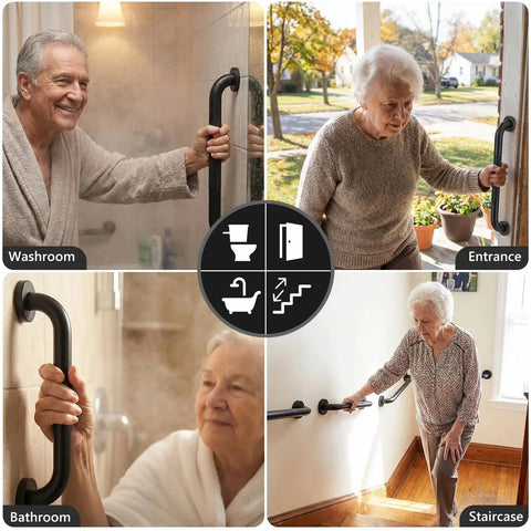 Rock Solid 16 Inch Wall Mount Handrail Matte Black Steel Pipe Grab Bar in use by seniors in bathroom and entrance.