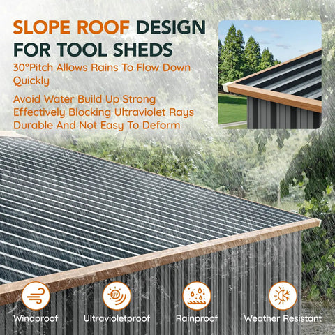 Durable 10 By 8 Ft Metal Storage Shed with slope roof design, matte gray, highlighting rainwater flow and UV protection features