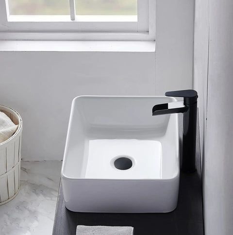 Rectangular White Ceramic Vessel Sink For Bathrooms 16 By 12 Inches Sleek Modern Farmhouse Above Counter Basin in bathroom setting