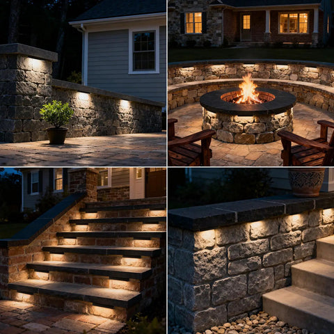 Eight Inch Retaining Wall Step Lights With Five Watt LED And One Hundred Watt Transformer IP68 Outdoor Hardscape Lighting Kit For Stairs And Walls Easy Install Low Voltage Twelve To Twenty Four Volt Two Seventy Degree Direction Eight Pack installed in outdoor settings, highlighting masonry and steps.