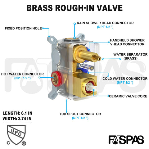 Brass rough-in valve for wall mounted shower system with 10 setting high pressure handheld shower head and rain shower, polished chrome.