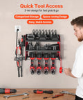 Power Tool Organizer With Charging Station And 3 Tier Drill Storage, Four Drill Slots And Side Pegboard, wall mounted, filled with tools