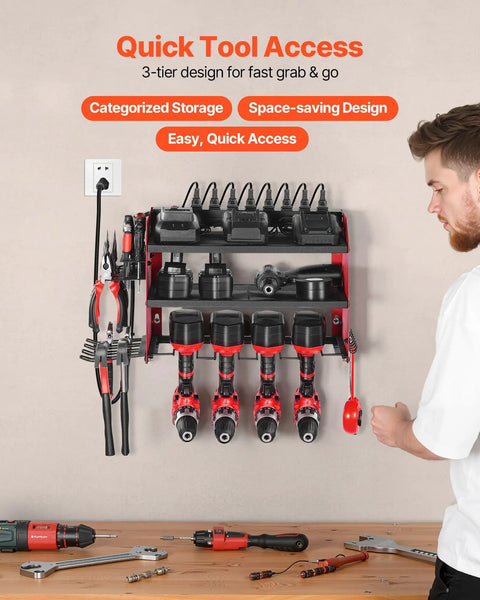 Power Tool Organizer With Charging Station And 3 Tier Drill Storage, Four Drill Slots And Side Pegboard, wall mounted, filled with tools