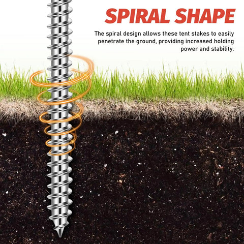 Close-up of a metal tent stake with a spiral shape penetrating the ground for the Rock Solid Heavy Duty Metal Tent Stakes Set.