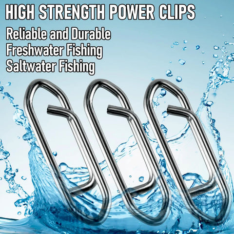 Power Speed Clips for Fishing High Strength Stainless Steel Quick Change Lure Connectors; close-up in water splash