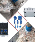 Diamond hole saw drill bit set, 8 pcs, blue, M14 threaded cores, storage case for tile and stone.