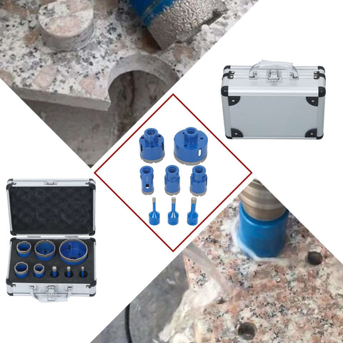 Diamond hole saw drill bit set, 8 pcs, blue, M14 threaded cores, storage case for tile and stone.