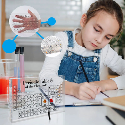 Girl studying with Real Elements Inside Periodic Table Kit With 83 Real Elements And Acrylic Display Stand, 7.9 by 5 inches