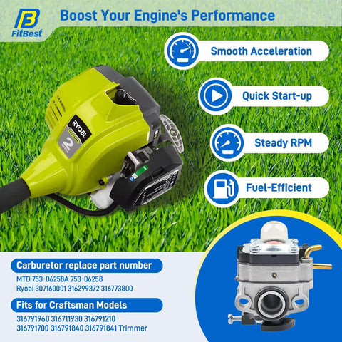 Carburetor Kit Replacement For Ryobi 25Cc 2 Cycle Trimmers RY251PH RY252CS RY253SS RY254BC Includes Fuel Filter Fuel Line Spark Plug