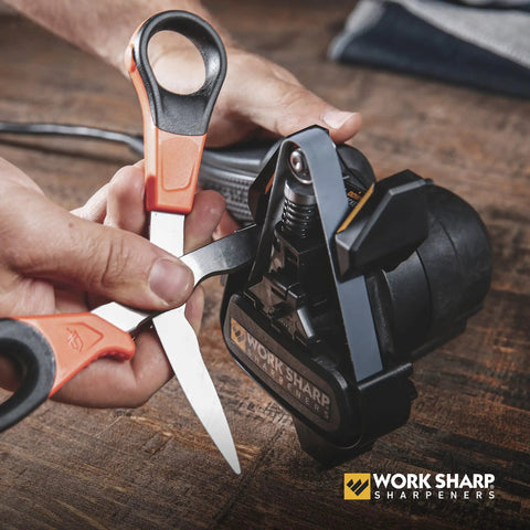 Mk2 Professional Electric Knife And Tool Sharpener With Adjustable Sharpening System For Knives And Tools in use with scissors.