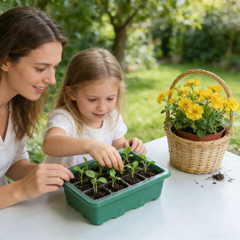 Mother and daughter planting seedlings in Seed Starter Kit 10 Pack With Humidity Dome And 120 Cell Propagation Trays Base All In One Mini Greenhouse