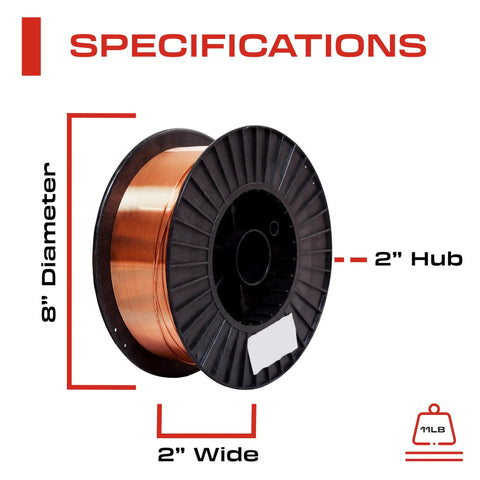 ER70S-6 MIG Welding Wire 0.35 Inch Diameter, 11 Lb Spool with copper-plated finish, specifications labeled on spool