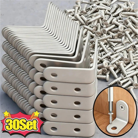 Hella Sturdy Stainless Steel Shelf Brackets, L Shaped Corner Mounts With Hardware in a stack with screws, ideal for heavy duty furniture builds.