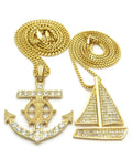 Dope Iced Out Sailboat Yacht And Anchor Pendant Necklace Set In Gold Tone With Two Necklace Set And Layered Chains