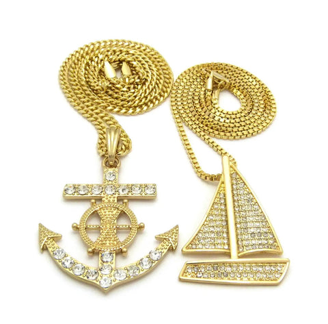 Dope Iced Out Sailboat Yacht And Anchor Pendant Necklace Set In Gold Tone With Two Necklace Set And Layered Chains