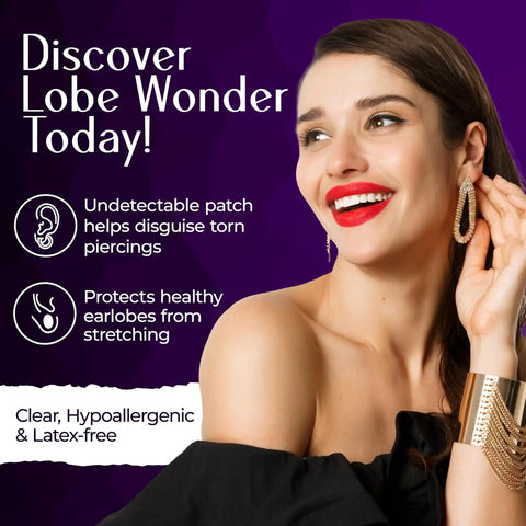 Woman wearing Clear Latex Free Ear Lobe Support Patch For Pierced Ears That Instantly Lifts And Protects Prevents Torn Or Stretched Lobes Nearly Invisible Earring Back Alternative For All Styles And Sizes 60 Patches