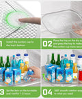 360 Degree Lazy Susan Refrigerator Organizer with non-slip base, installation steps with suction cup and filled with drinks and snacks