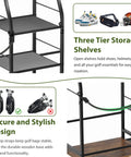Close-up of Go-To Golf Bag Organizer For Garage Storage's three shelves and tip strap, showcasing design features.