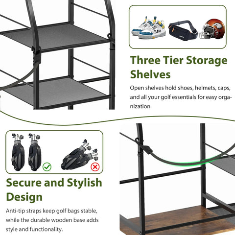 Close-up of Go-To Golf Bag Organizer For Garage Storage's three shelves and tip strap, showcasing design features.