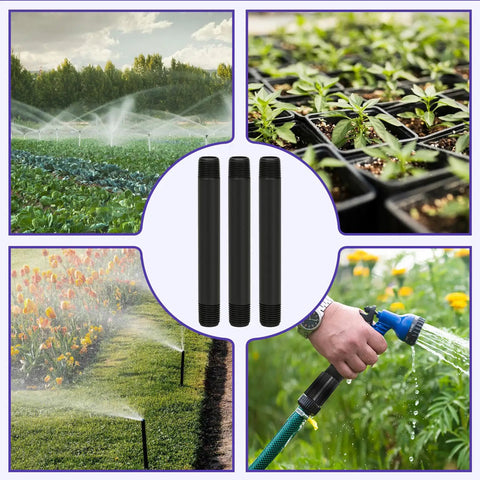 DIY Friendly 12 Pc One Half Inch MNPT Sprinkler Pipe Riser Extensions With 6 Double Female Connectors showcasing usage in gardens.