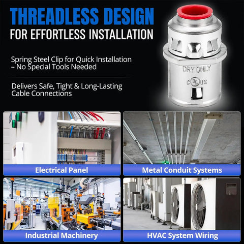 Heavy Duty Third Eighth Inch Zinc Snap In Mc Cable Connector Ul Listed Rock Solid Fitting for various electrical installations.