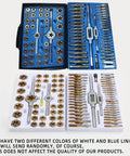 Heavy Duty Tap and Die Set Titanium Coated in Bearing Steel 86 Piece Metal Storage Case Metric and SAE Sizes for Internal and External Threading Pro Grade Tapping Repair Kit With Precision CNC Cut Teeth shown in blue and white trays