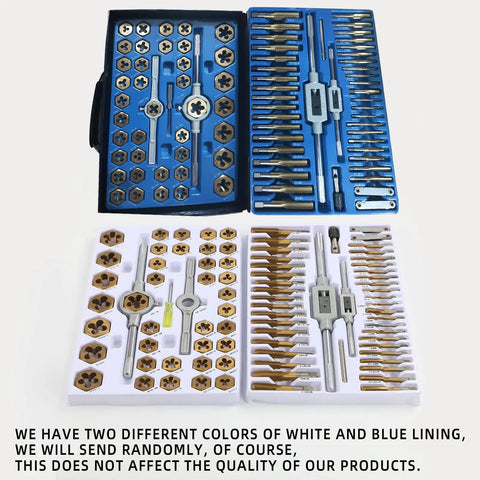 Heavy Duty Tap and Die Set Titanium Coated in Bearing Steel 86 Piece Metal Storage Case Metric and SAE Sizes for Internal and External Threading Pro Grade Tapping Repair Kit With Precision CNC Cut Teeth shown in blue and white trays