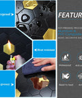 Feature highlights of Peel And Stick Backsplash Honeycomb Tile Set For Walls Kitchen Bathroom And Fireplace Stainless Steel Look Gold Brushed Black Finish 5 Sheets Easy Cut And Install showing waterproof, heat resistant, and anti-greasy properties.