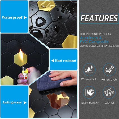 Feature highlights of Peel And Stick Backsplash Honeycomb Tile Set For Walls Kitchen Bathroom And Fireplace Stainless Steel Look Gold Brushed Black Finish 5 Sheets Easy Cut And Install showing waterproof, heat resistant, and anti-greasy properties.