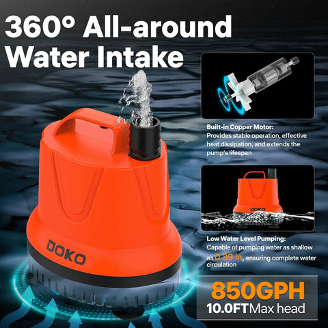 850 GPH Submersible Pond Pump With Ultra Quiet Operation, 60W Power, 10ft Lift, orange pump with water intake and features