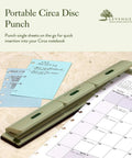 Circa 1 2 3 Portable Discbound Hole Punch Ultra Lightweight Mini Paper Puncher on notebook with punched pages