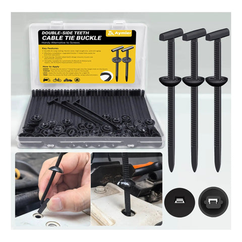 Upgraded Double Sided Teeth Self Locking Nylon Universal Cable Tie Buckle Kit displayed with fastening examples for car repairs