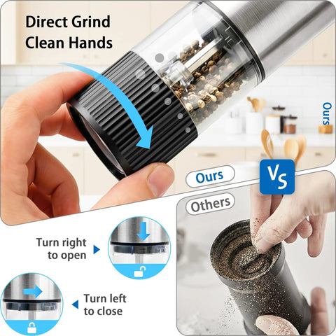 Close-up of 2 Pack Rechargeable Electric Salt And Pepper Grinder Set With USB Type C Charging, showing grinding mechanism and features.