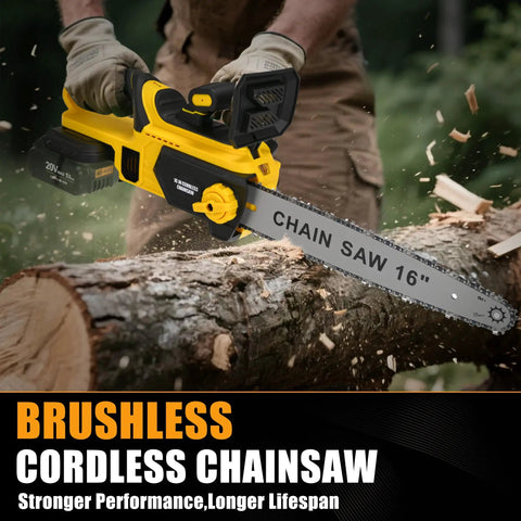16 Inch Brushless Cordless Chainsaw Compatible With 40V Max Battery in action cutting wood outdoors