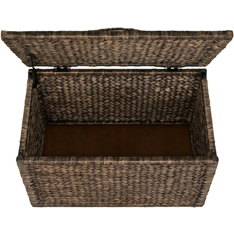 Open view of Rectangular Water Hyacinth Wicker Storage Trunk With Iron Wire Frame 30 By 17.5 By 17.5 Brown Wash Handwoven Organizer