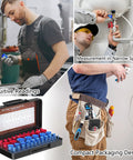 All In One 52 Piece Thread Checker Kit For Nuts And Bolts With 28 SAE And 24 Metric Gauges Quickly Identify Bolt Sizes And Threads Covers M2 To M20 And SAE Range For Fastener Fitting And Inspection in use in workshop and plumbing settings, shown in open case with compartments.