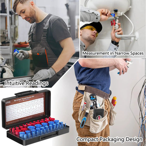 All In One 52 Piece Thread Checker Kit For Nuts And Bolts With 28 SAE And 24 Metric Gauges Quickly Identify Bolt Sizes And Threads Covers M2 To M20 And SAE Range For Fastener Fitting And Inspection in use in workshop and plumbing settings, shown in open case with compartments.