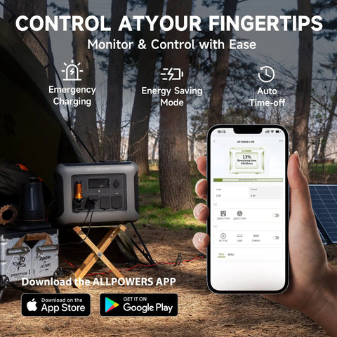 Portable R1500 LITE Solar Generator with 1056Wh LiFePO4 Battery in outdoor camping setup with smartphone app control
