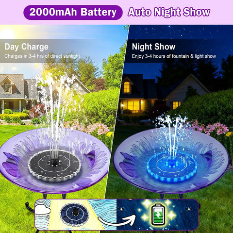 Solar Fountain Kit For Bird Bath And Garden Pond With 3.5W Panel, 2000mAh Battery, 3D Color Changing LED Lights in day and night view