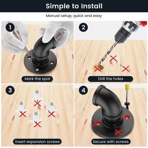 Installation steps for Rock Solid Industrial Pipe Handrail Wall Mounted, featuring black galvanized metal fitting on wood.