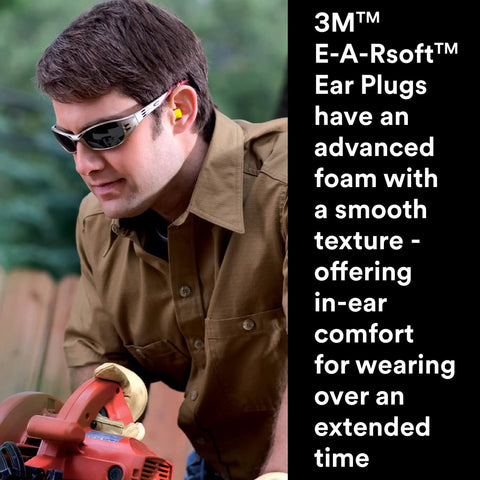 Man using saw while wearing Premium Slow Recovery Foam Ear Plugs For All Day Comfort, 33 dB NRR, Tapered Cylinder Design