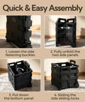 Assembly steps for Heavy-Duty Rolling Utility Cart With Collapsible Crate, 60Lb Capacity, black, show panel unfolding and locking.