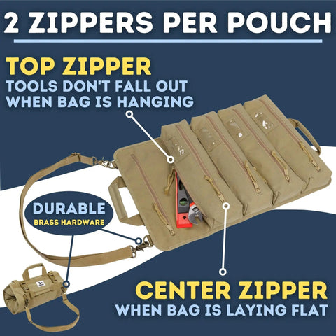 Heavy Duty Large Tool Roll Bag With 1000D Cordura, YKK Zippers And Label Holders, showing multiple compartments and shoulder strap, flat.