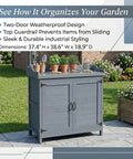 All Weather Wood Garden Storage Cabinet with Built In Workbench and Potting Table placed in outdoor patio setting